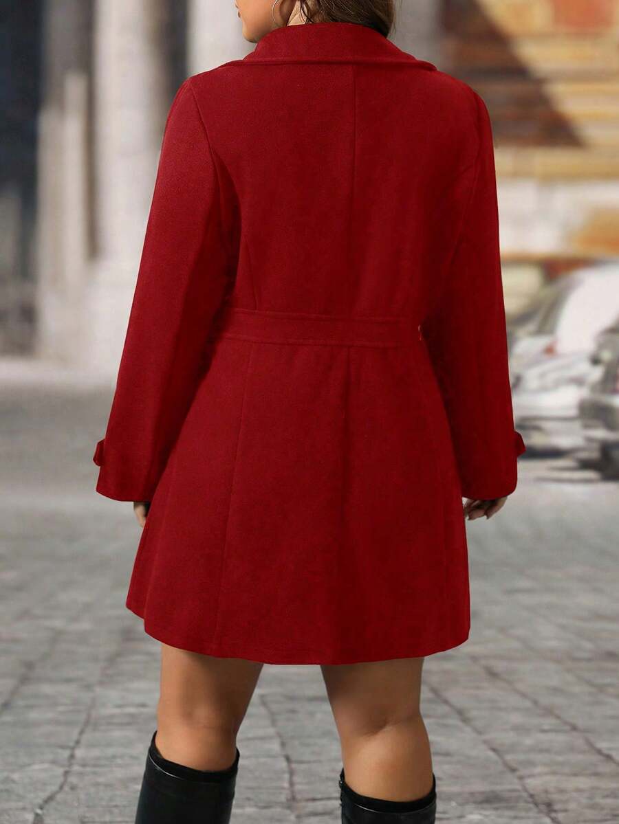 EMERY ROSE Black Lapel Button Decor Waist Cinched Mid-Length Women Overcoat