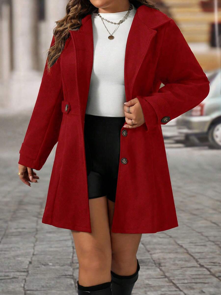 EMERY ROSE Black Lapel Button Decor Waist Cinched Mid-Length Women Overcoat