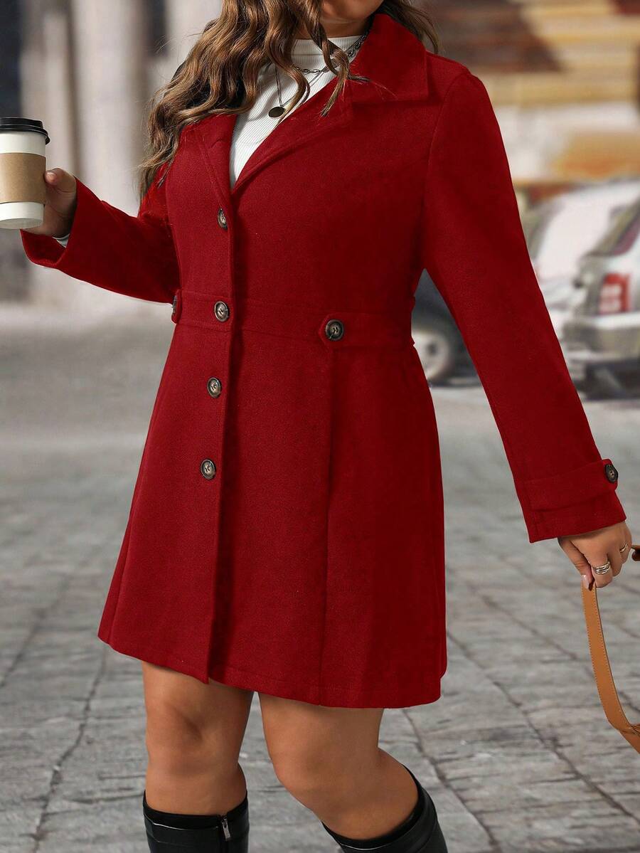 EMERY ROSE Black Lapel Button Decor Waist Cinched Mid-Length Women Overcoat