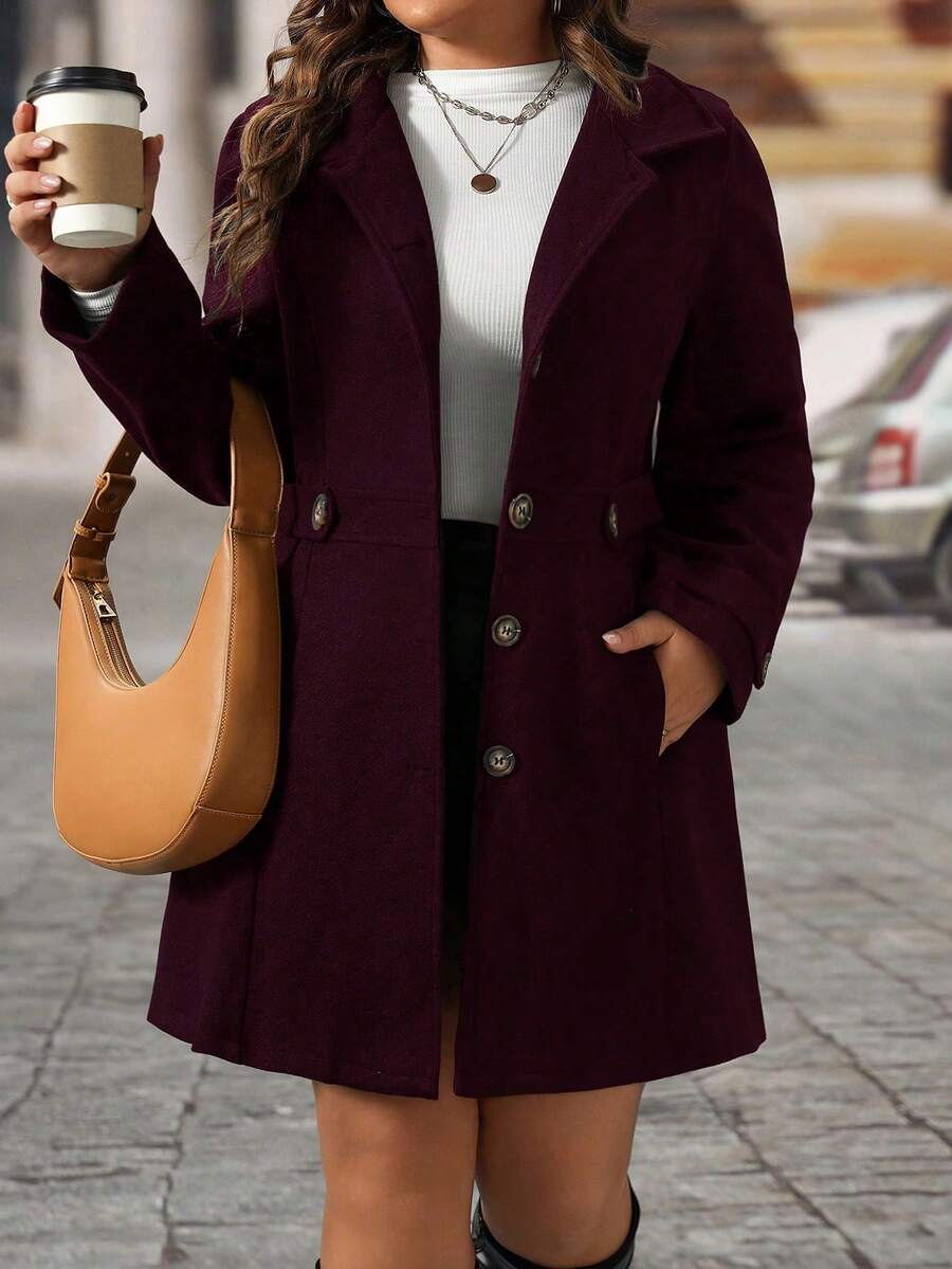 EMERY ROSE Black Lapel Button Decor Waist Cinched Mid-Length Women Overcoat