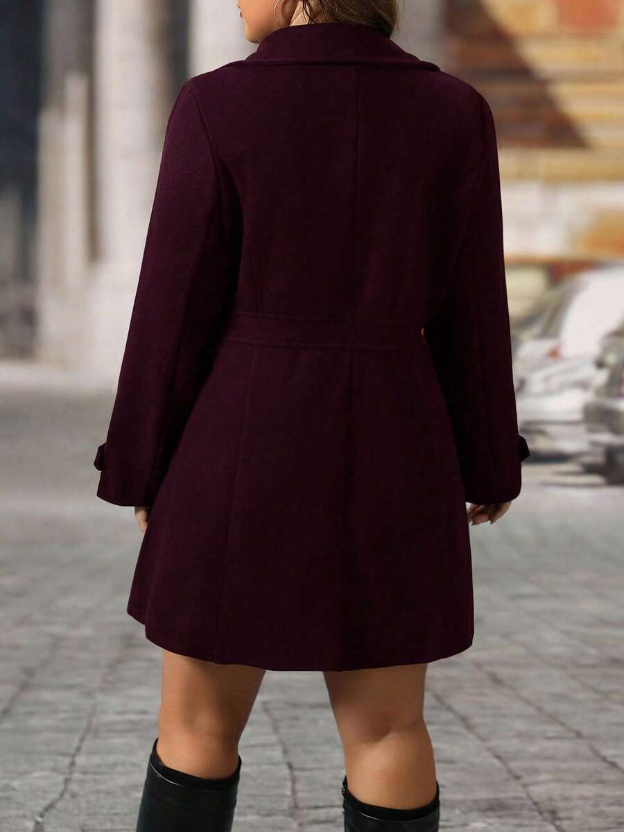 EMERY ROSE Black Lapel Button Decor Waist Cinched Mid-Length Women Overcoat