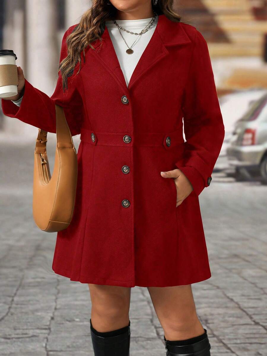 EMERY ROSE Black Lapel Button Decor Waist Cinched Mid-Length Women Overcoat