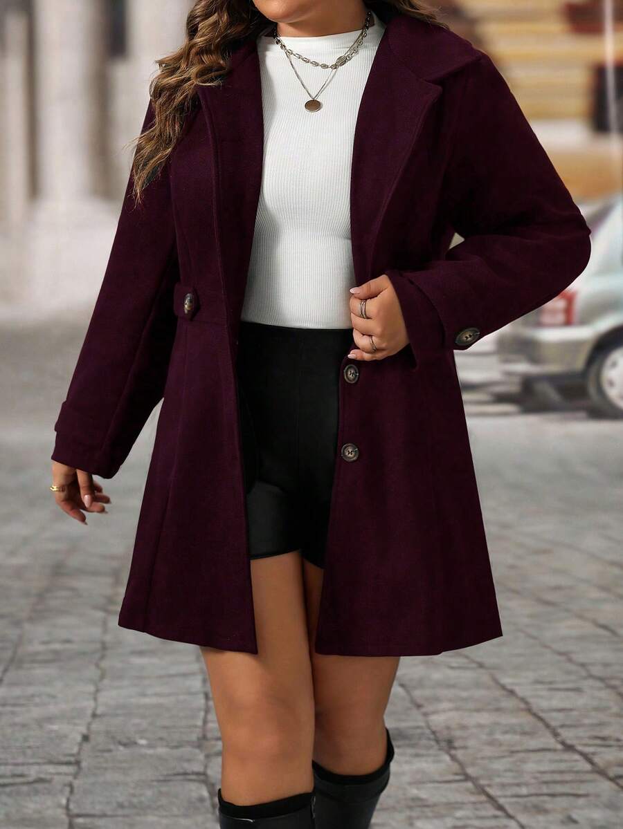 EMERY ROSE Black Lapel Button Decor Waist Cinched Mid-Length Women Overcoat
