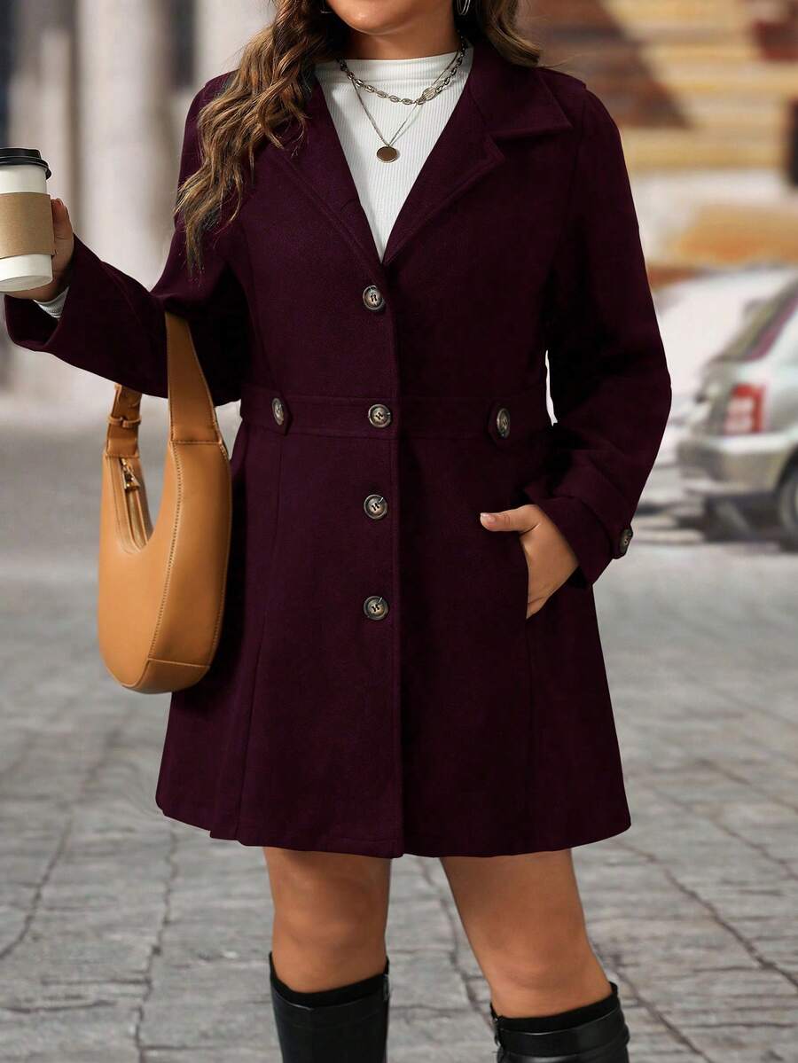 EMERY ROSE Black Lapel Button Decor Waist Cinched Mid-Length Women Overcoat