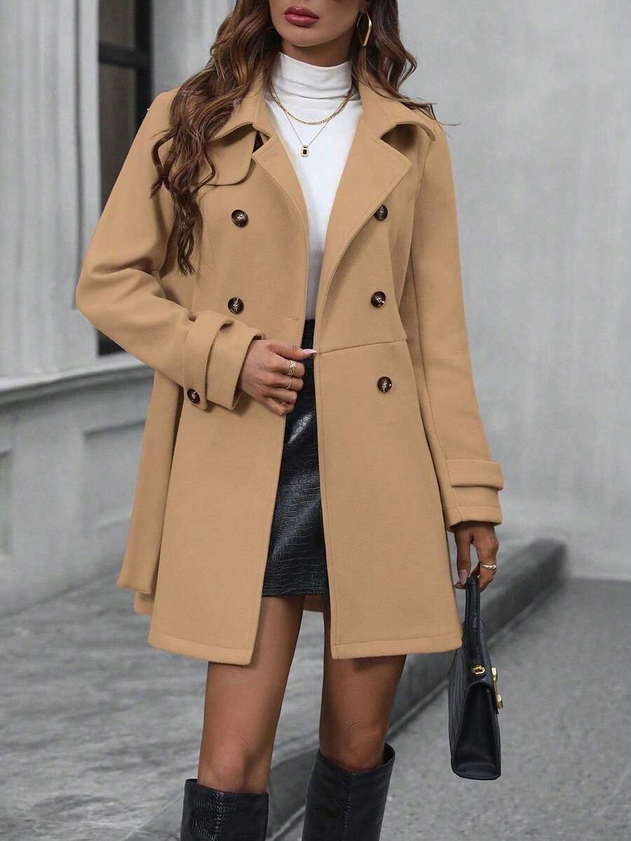 EMERY ROSE Women's Lapel Double-Breasted Long Sleeve Woolen Overcoat Fall Winter Cloth For Women