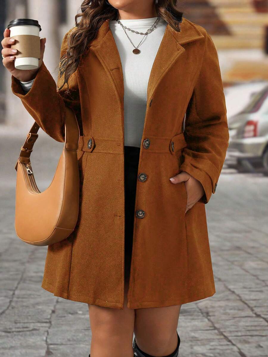 EMERY ROSE Black Lapel Button Decor Waist Cinched Mid-Length Women Overcoat