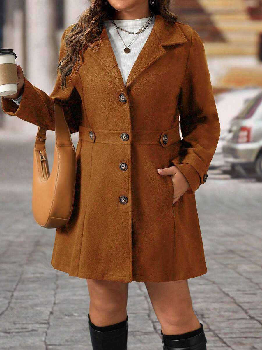 EMERY ROSE Black Lapel Button Decor Waist Cinched Mid-Length Women Overcoat