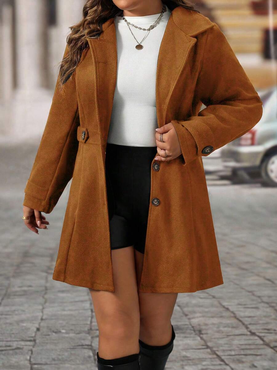 EMERY ROSE Black Lapel Button Decor Waist Cinched Mid-Length Women Overcoat