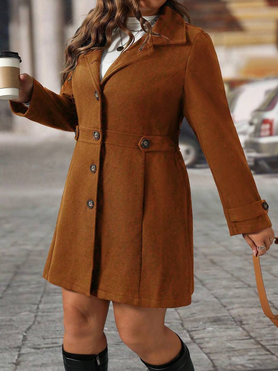 EMERY ROSE Black Lapel Button Decor Waist Cinched Mid-Length Women Overcoat