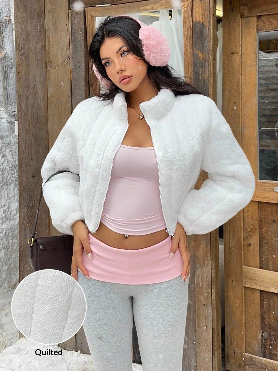 Comfortcana Women's Casual Light Gray Faux Wool Short Padded Coat In Fall/Winter