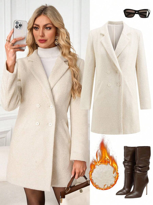 Ellevyn Women's Solid Color Double-Breasted Notched Collar Long Sleeve Fashionable Versatile Elegant Overcoat,Winter Clothes Elegant