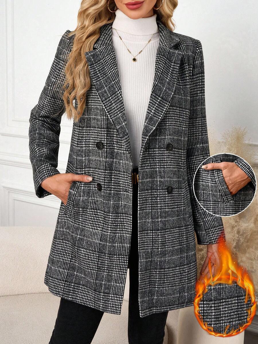 Clasi Women's Solid Color Double-Breasted Long Sleeve Woolen Windbreaker, Fashionable For Autumn/Winter