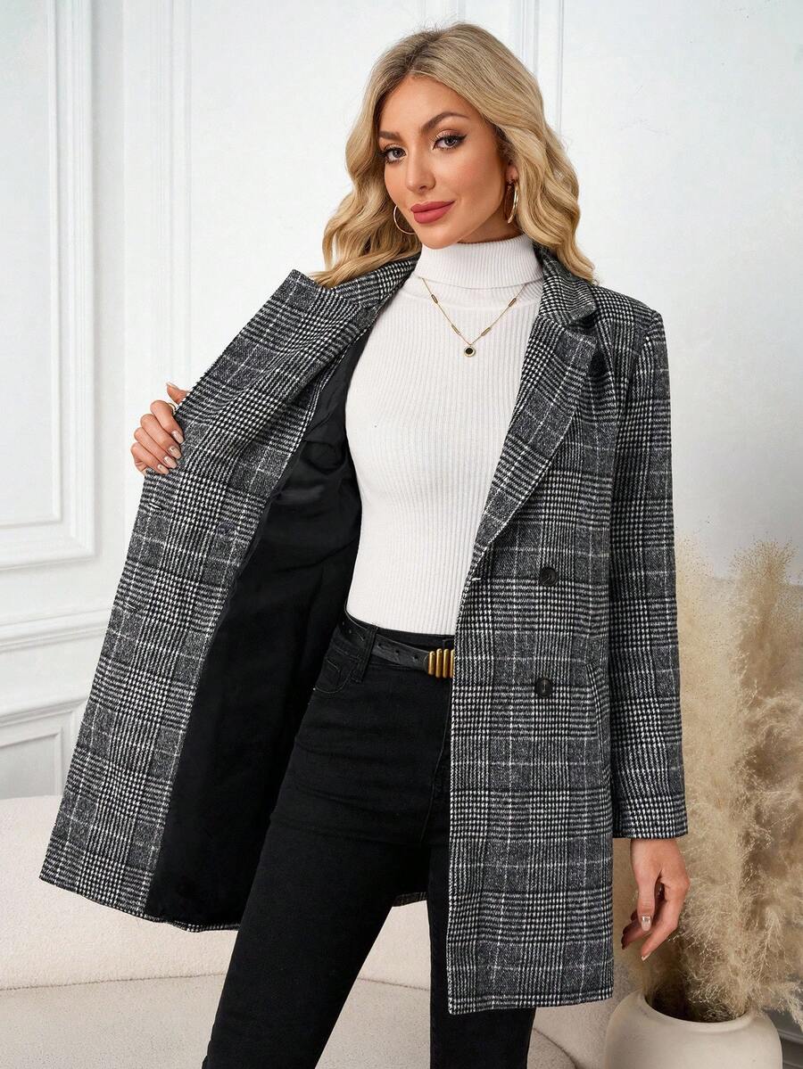 Clasi Women's Solid Color Double-Breasted Long Sleeve Woolen Windbreaker, Fashionable For Autumn/Winter