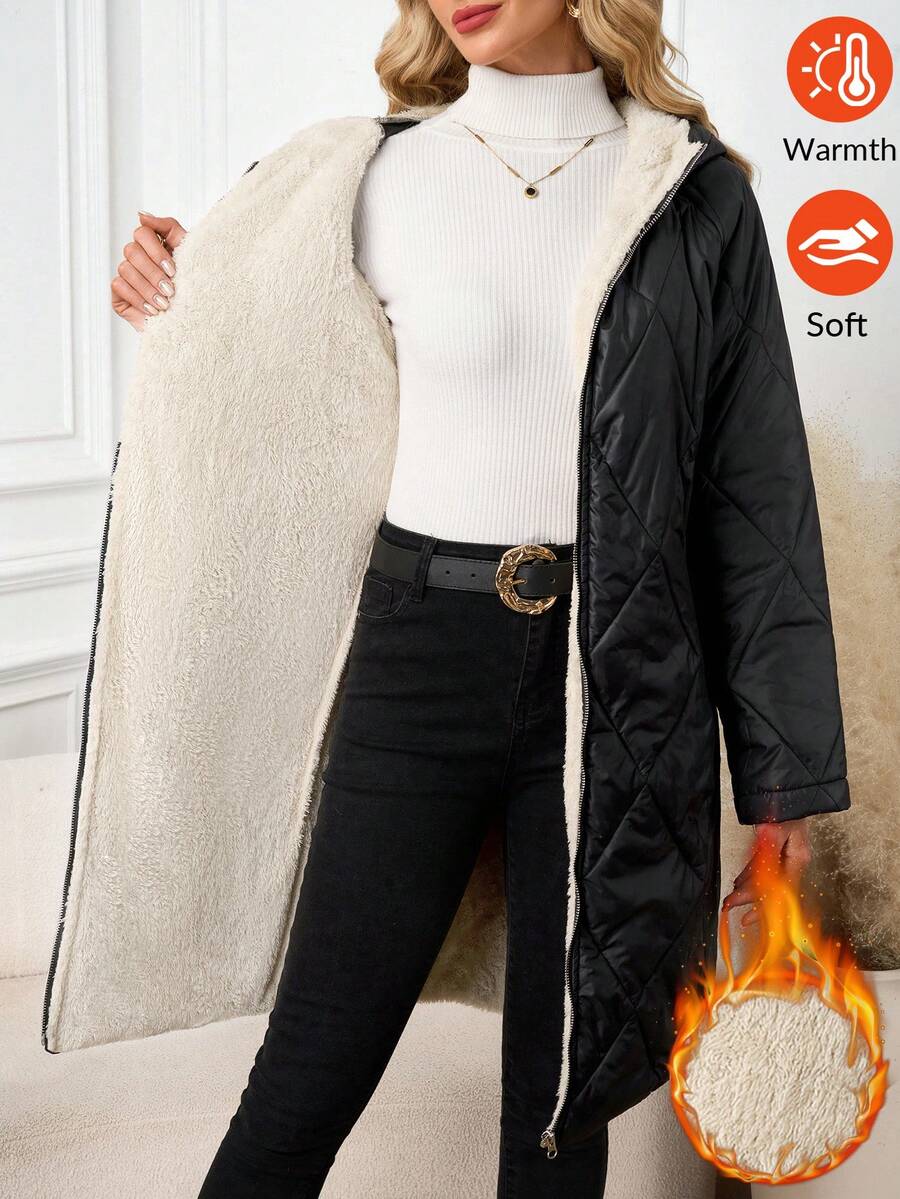 SHEIN Clasi Women Zip Up Hooded Teddy Lined Quilted Coat In Fall/Winter