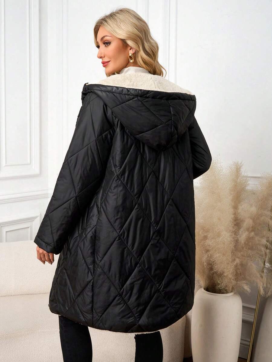 SHEIN Clasi Women Zip Up Hooded Teddy Lined Quilted Coat In Fall/Winter