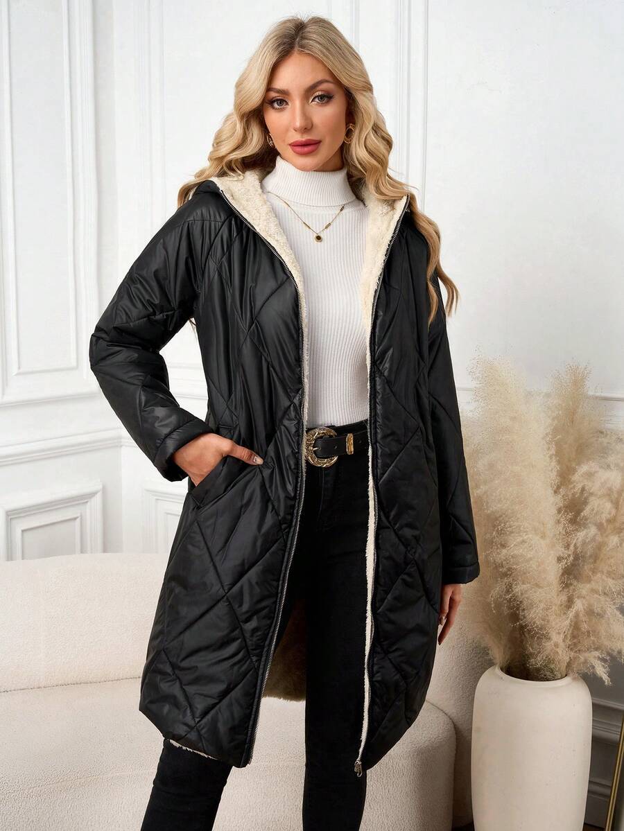 SHEIN Clasi Women Zip Up Hooded Teddy Lined Quilted Coat In Fall/Winter