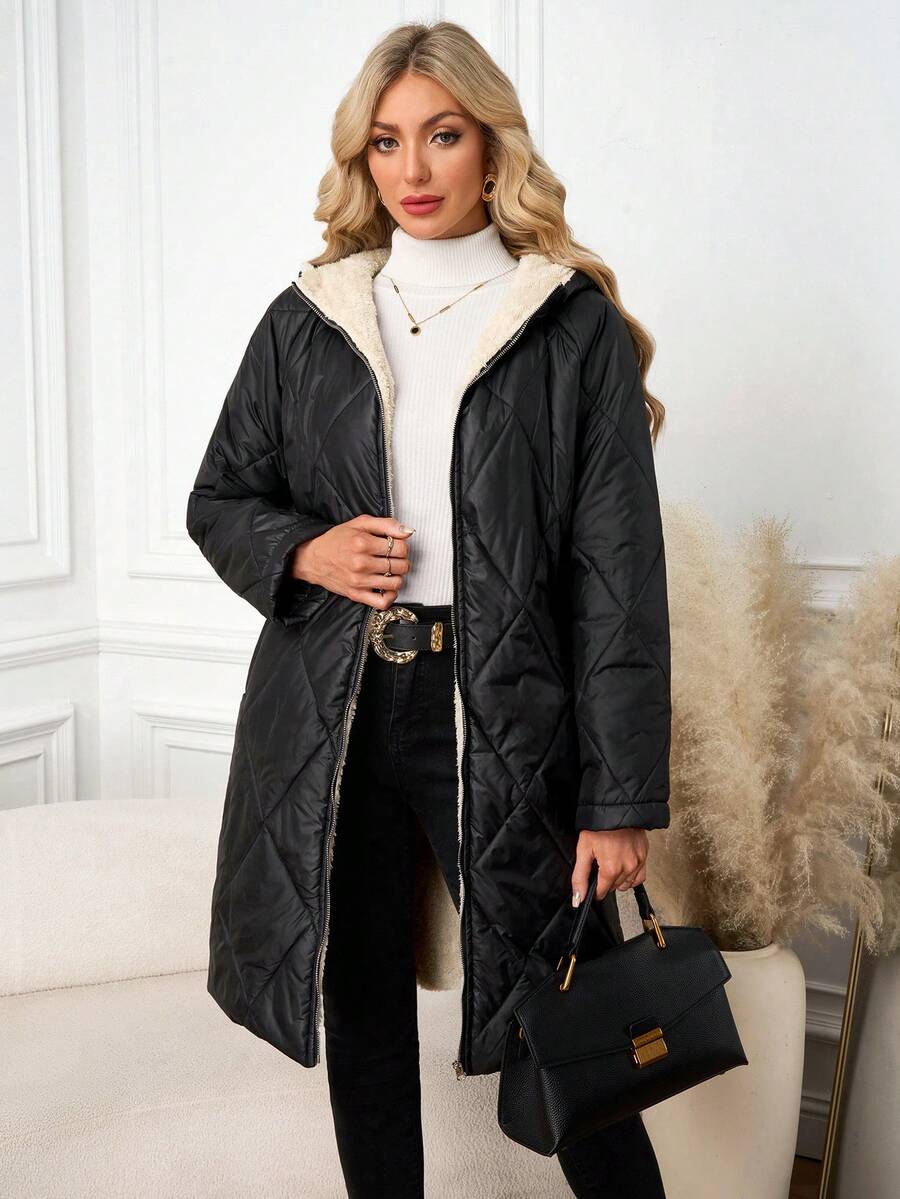 SHEIN Clasi Women Zip Up Hooded Teddy Lined Quilted Coat In Fall/Winter