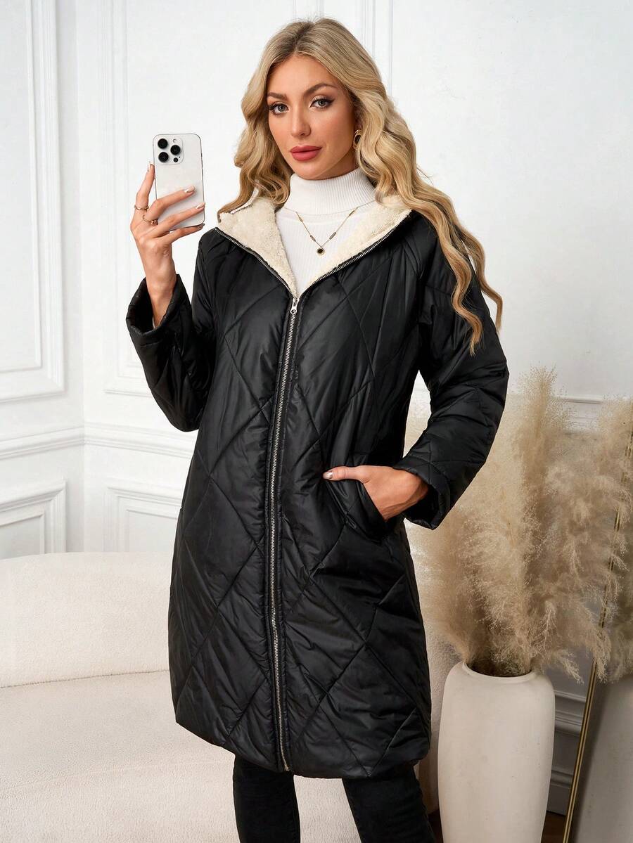 SHEIN Clasi Women Zip Up Hooded Teddy Lined Quilted Coat In Fall/Winter