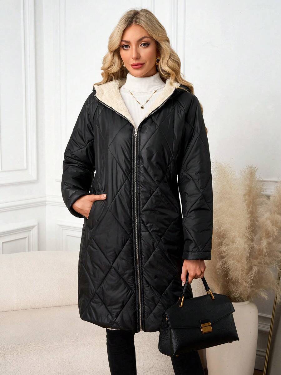 SHEIN Clasi Women Zip Up Hooded Teddy Lined Quilted Coat In Fall/Winter