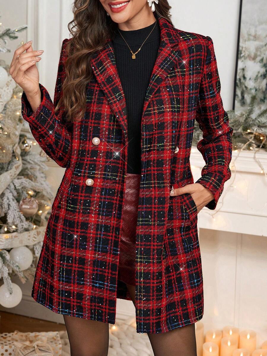 Clasi Women's Solid Color Double-Breasted Long Sleeve Woolen Windbreaker, Fashionable For Autumn/Winter