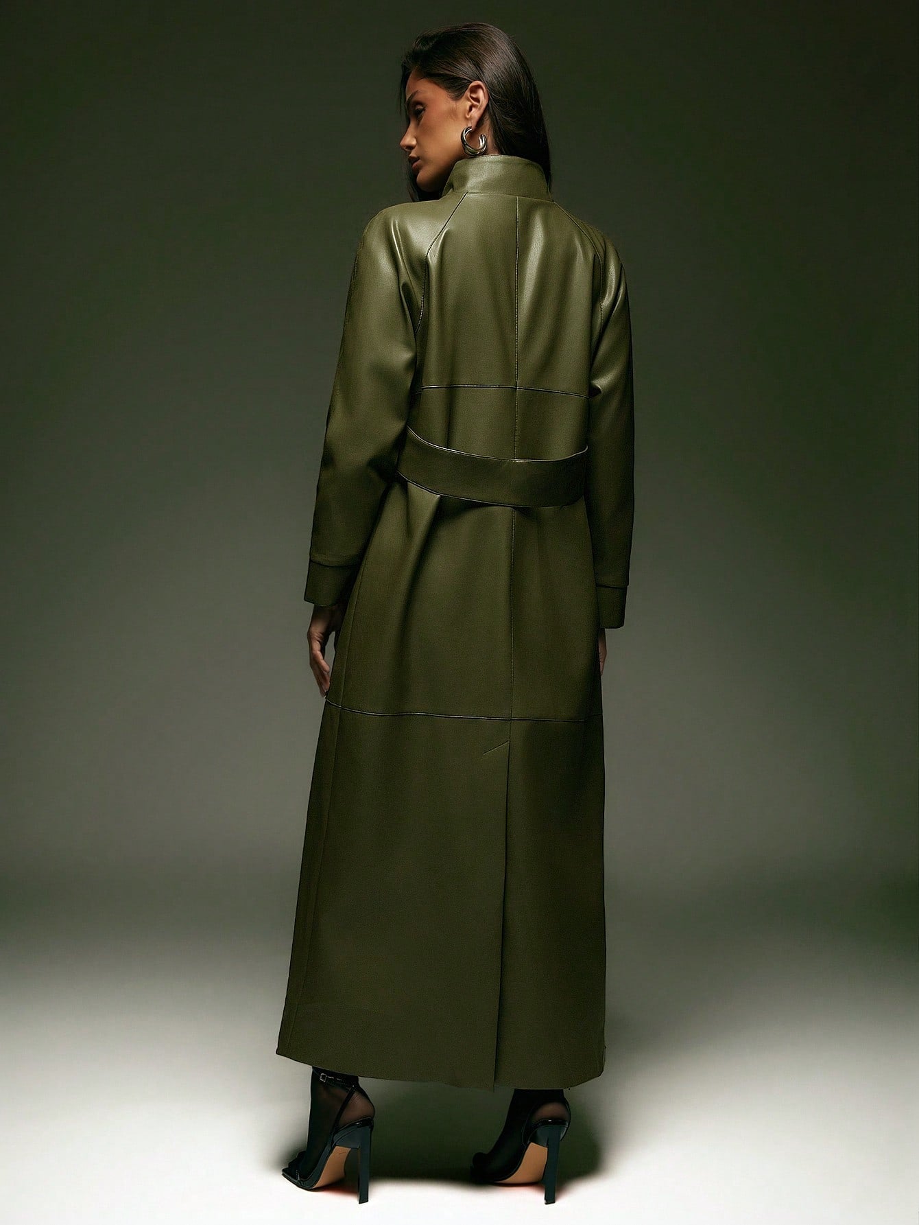 Denimoi High Neck Faux Leather Trench Coat, Fashionable, For Fall And Winter, Cold Weather Jacket