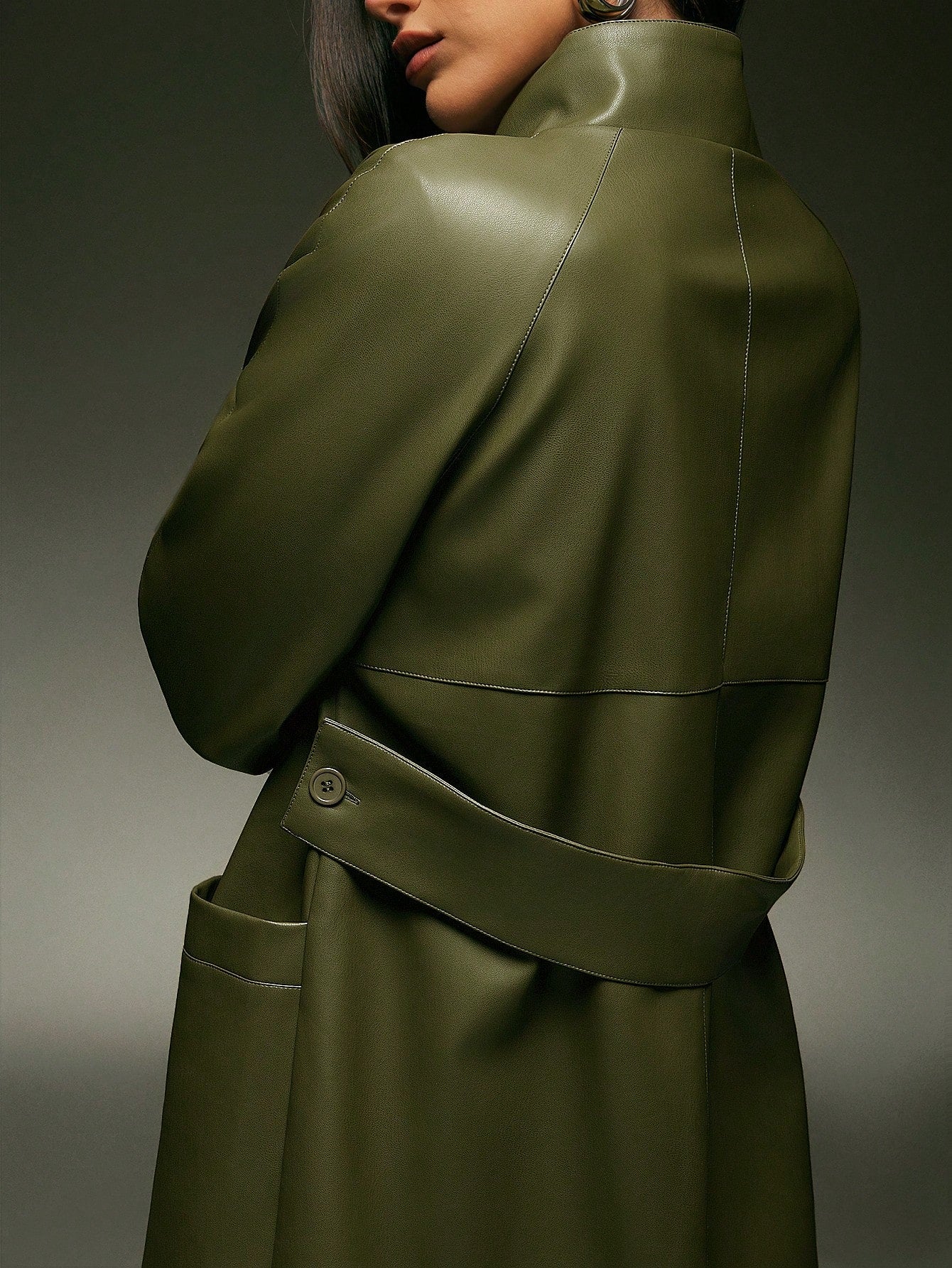 Denimoi High Neck Faux Leather Trench Coat, Fashionable, For Fall And Winter, Cold Weather Jacket