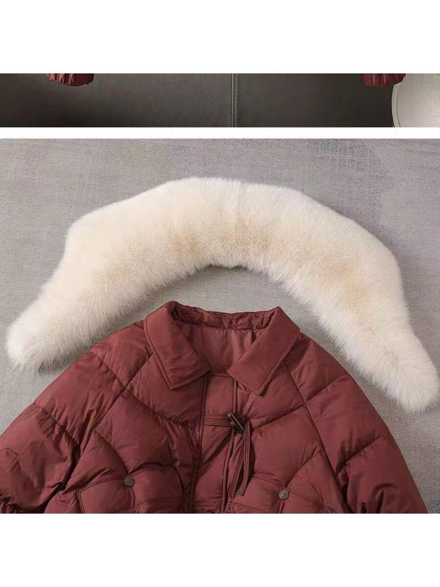Women's Elegant Down Jacket Coat, Black Woven Fabric, Long Sleeve, Regular Hem, With Faux Fur Waterfall Collar And Pockets, Padded Winter Jacket