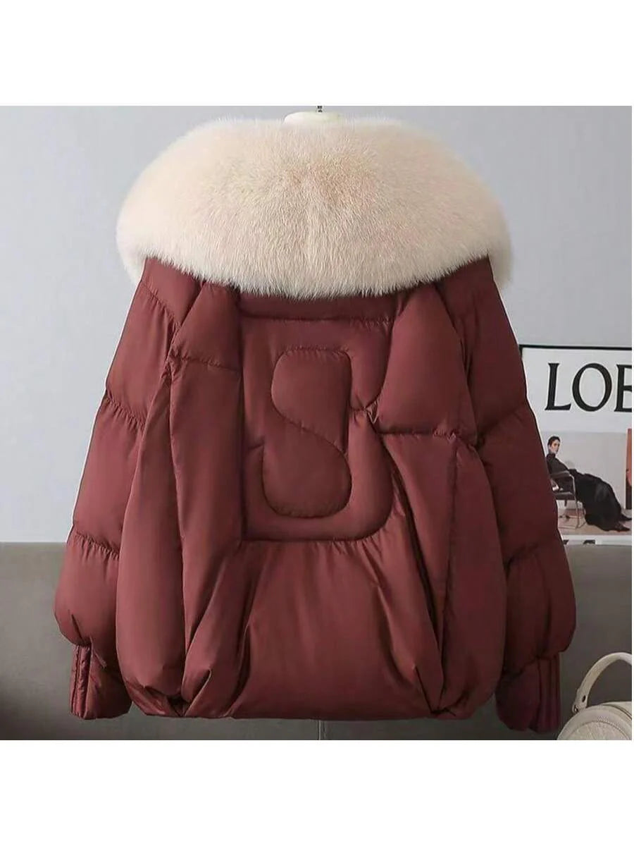 Women's Elegant Down Jacket Coat, Black Woven Fabric, Long Sleeve, Regular Hem, With Faux Fur Waterfall Collar And Pockets, Padded Winter Jacket