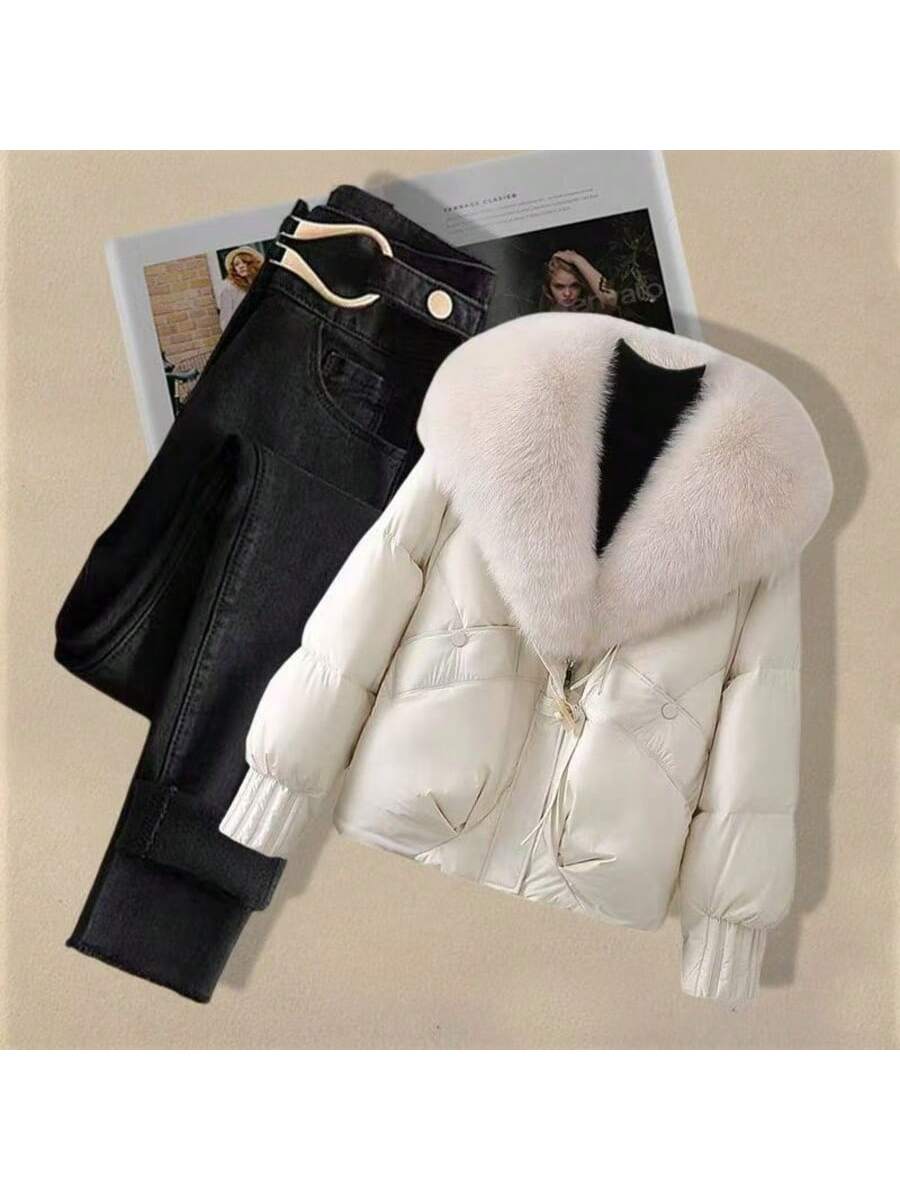 Women's Elegant Down Jacket Coat, Black Woven Fabric, Long Sleeve, Regular Hem, With Faux Fur Waterfall Collar And Pockets, Padded Winter Jacket