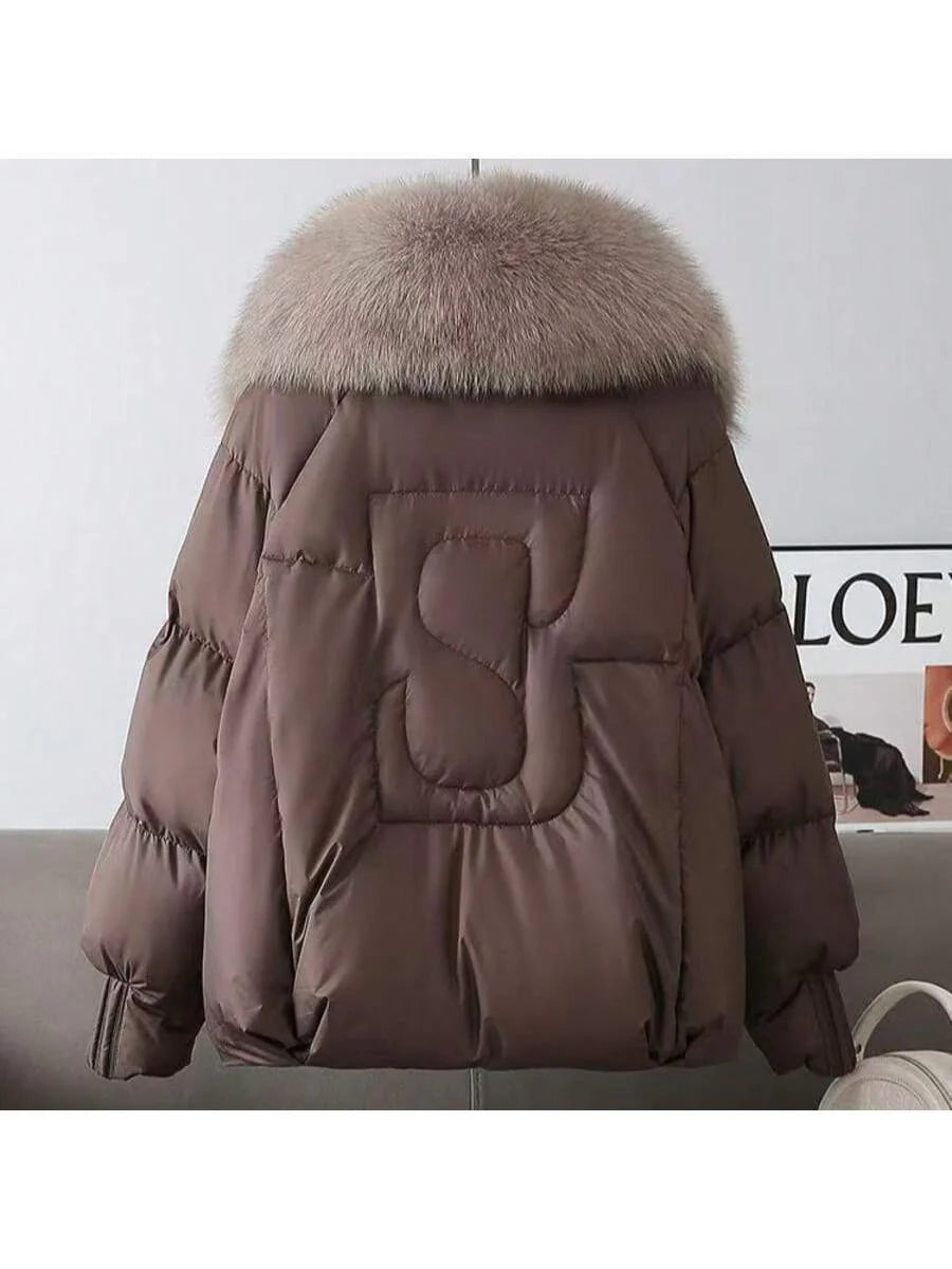 Women's Elegant Down Jacket Coat, Black Woven Fabric, Long Sleeve, Regular Hem, With Faux Fur Waterfall Collar And Pockets, Padded Winter Jacket