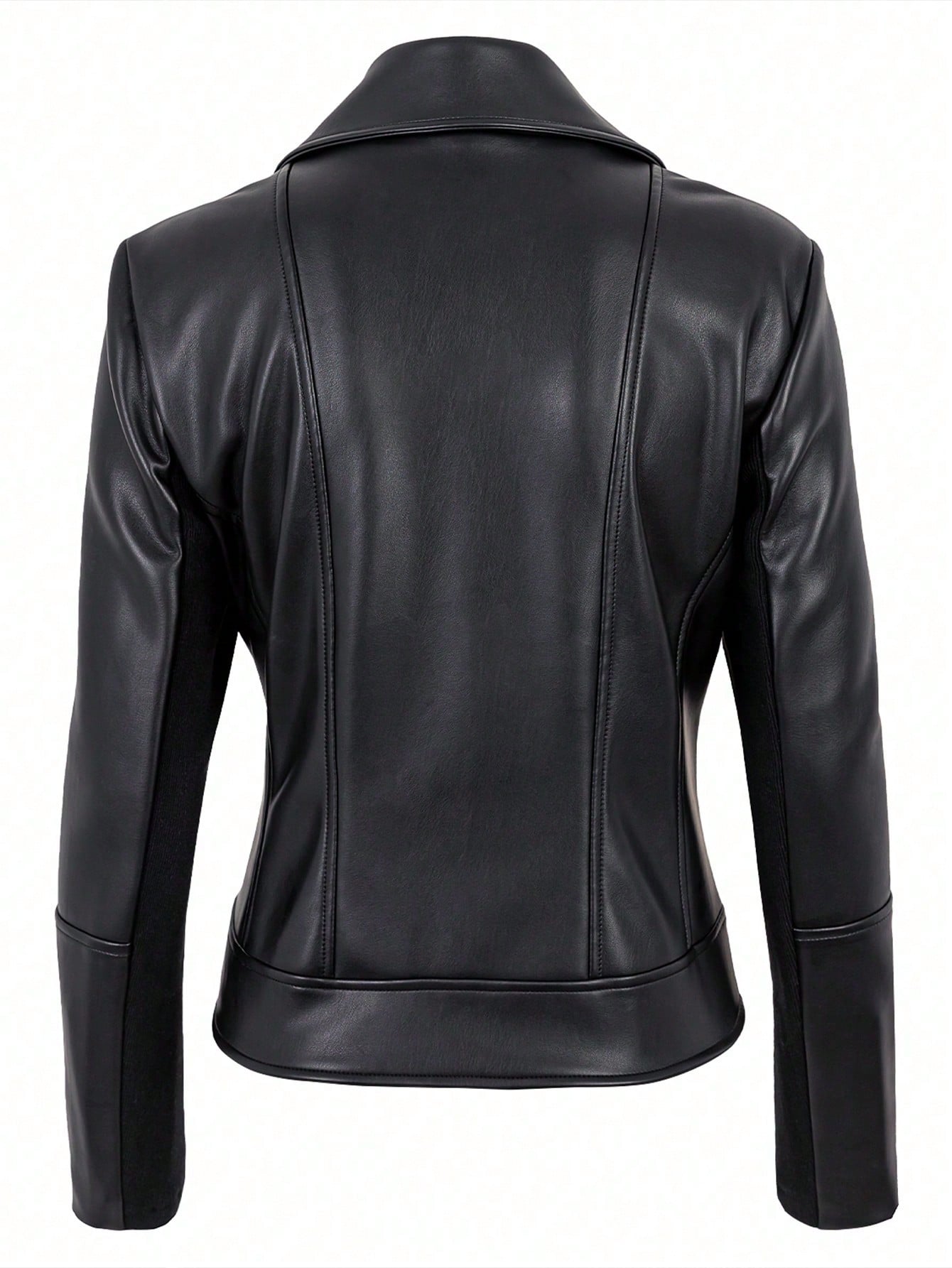 1pc Women's Plain Zip-Up PU Leather Jacket With Stand Collar, Long Sleeve