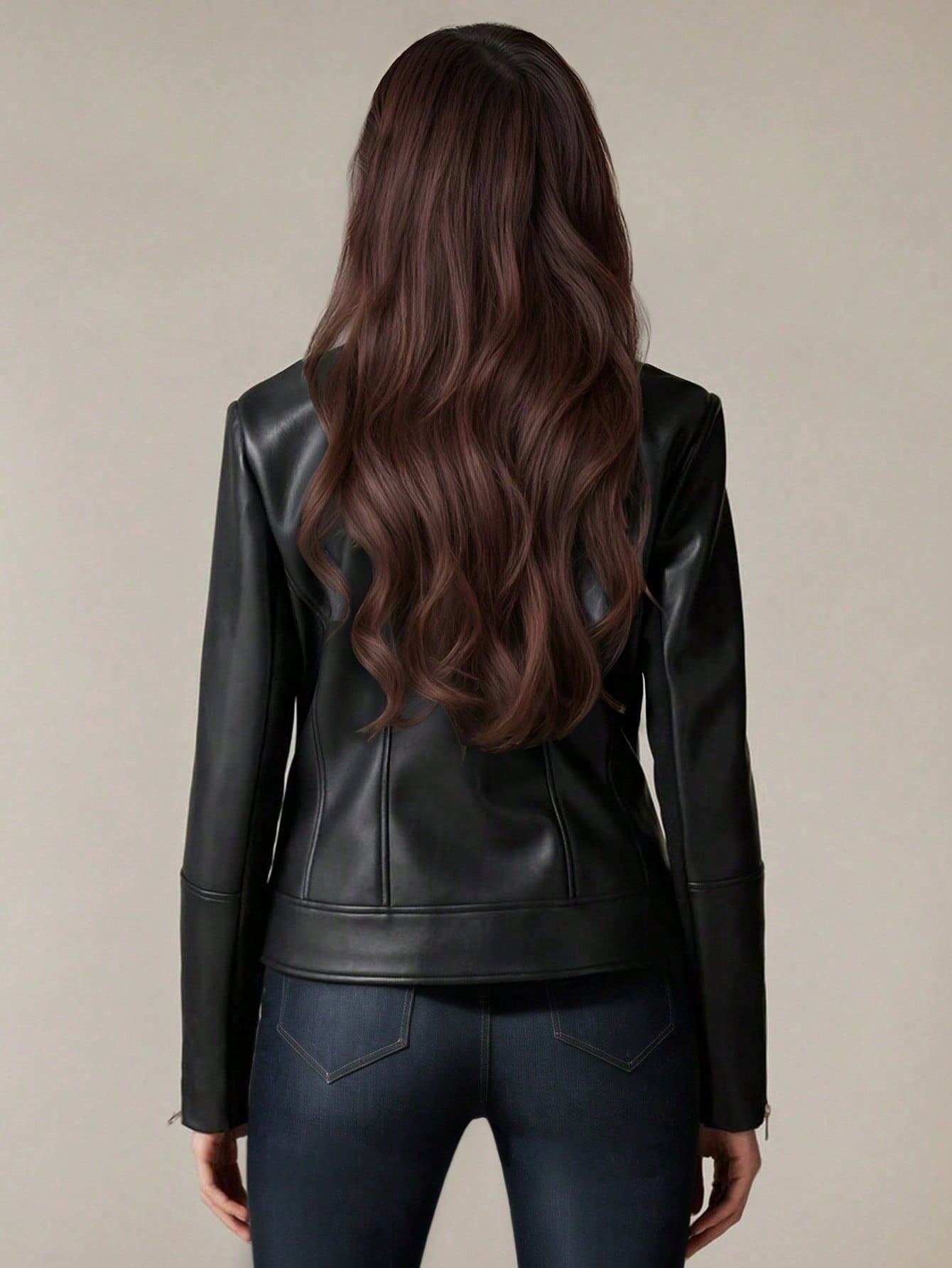 1pc Women's Plain Zip-Up PU Leather Jacket With Stand Collar, Long Sleeve