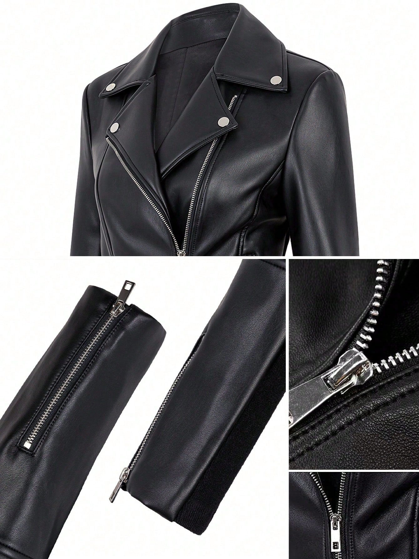 1pc Women's Plain Zip-Up PU Leather Jacket With Stand Collar, Long Sleeve