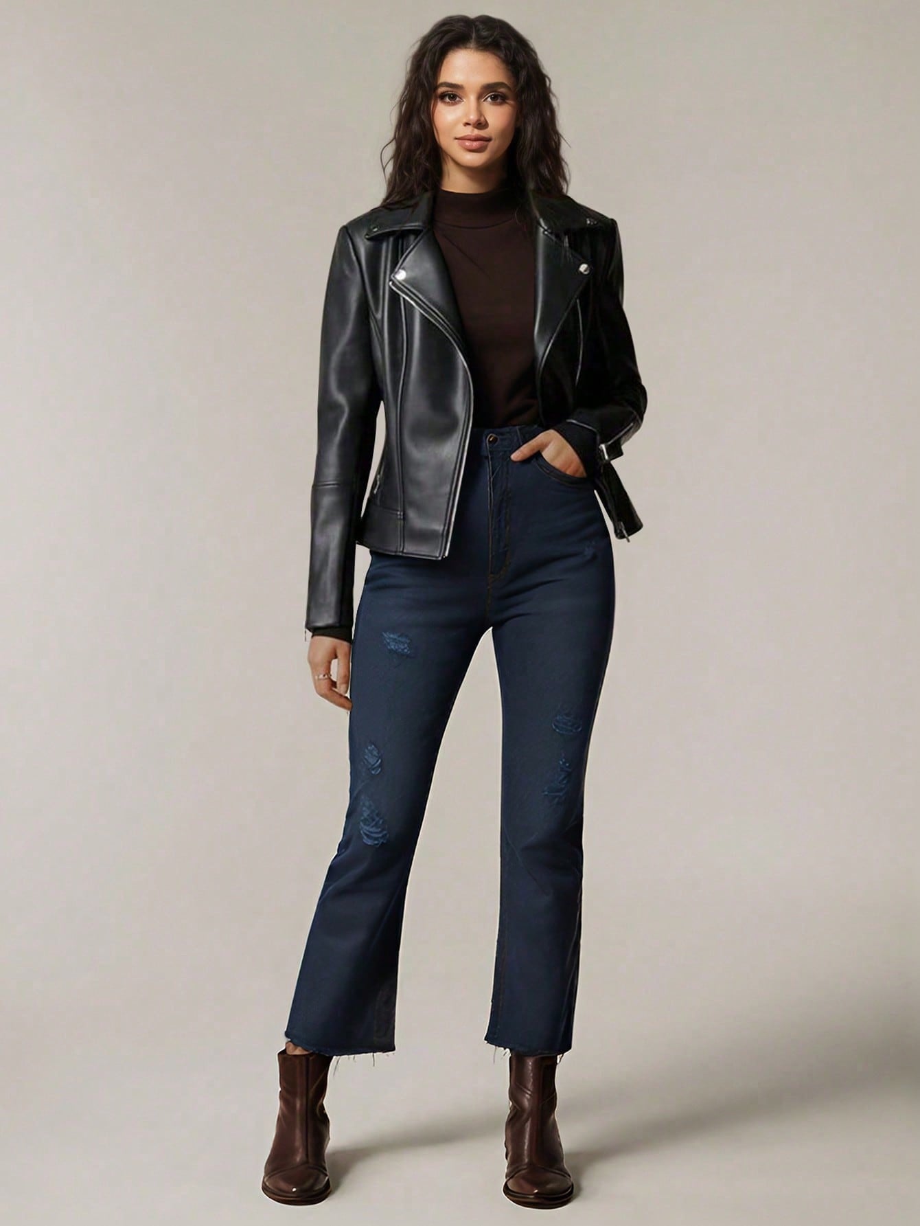 1pc Women's Plain Zip-Up PU Leather Jacket With Stand Collar, Long Sleeve