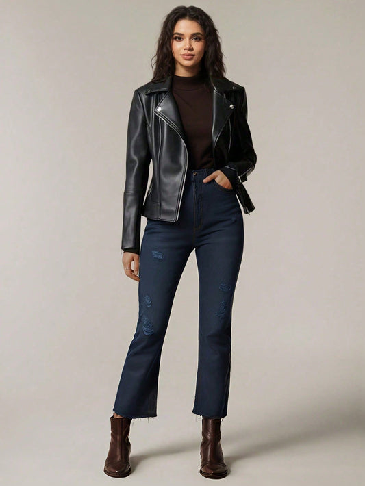 1pc Women's Plain Zip-Up PU Leather Jacket With Stand Collar, Long Sleeve