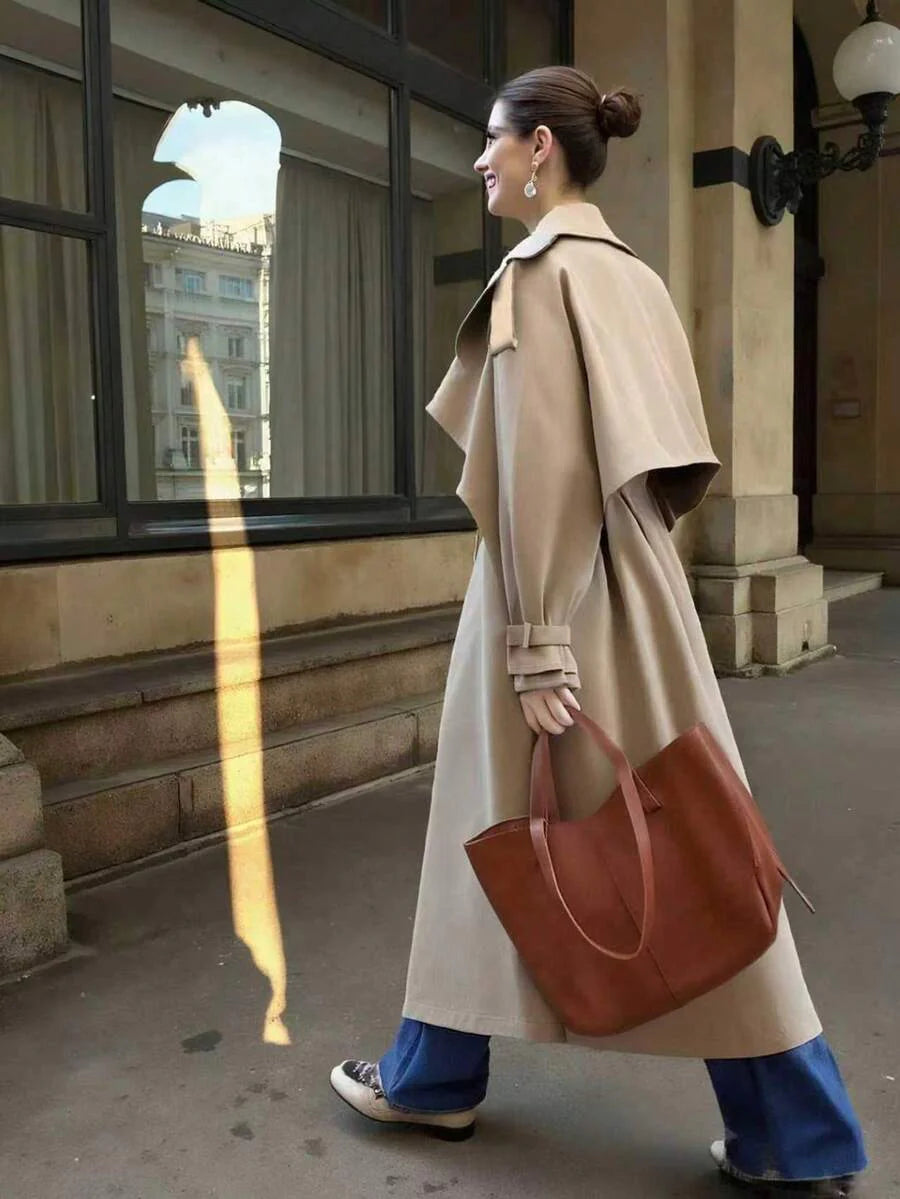 Women's Casual Elegant Long Windbreaker Jacket - Pockets, Flat Lapel Collar, Dolman Sleeves, Tie Waist Belt, Adjustable Cuffs