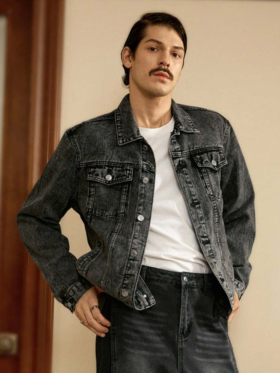 Manfinity Homme Men's Distressed Long Sleeve Denim Jacket, Dark Cotton Plain Black Party Grunge Rapper Going Out Vacation National Park Urban Gym, For Fall
