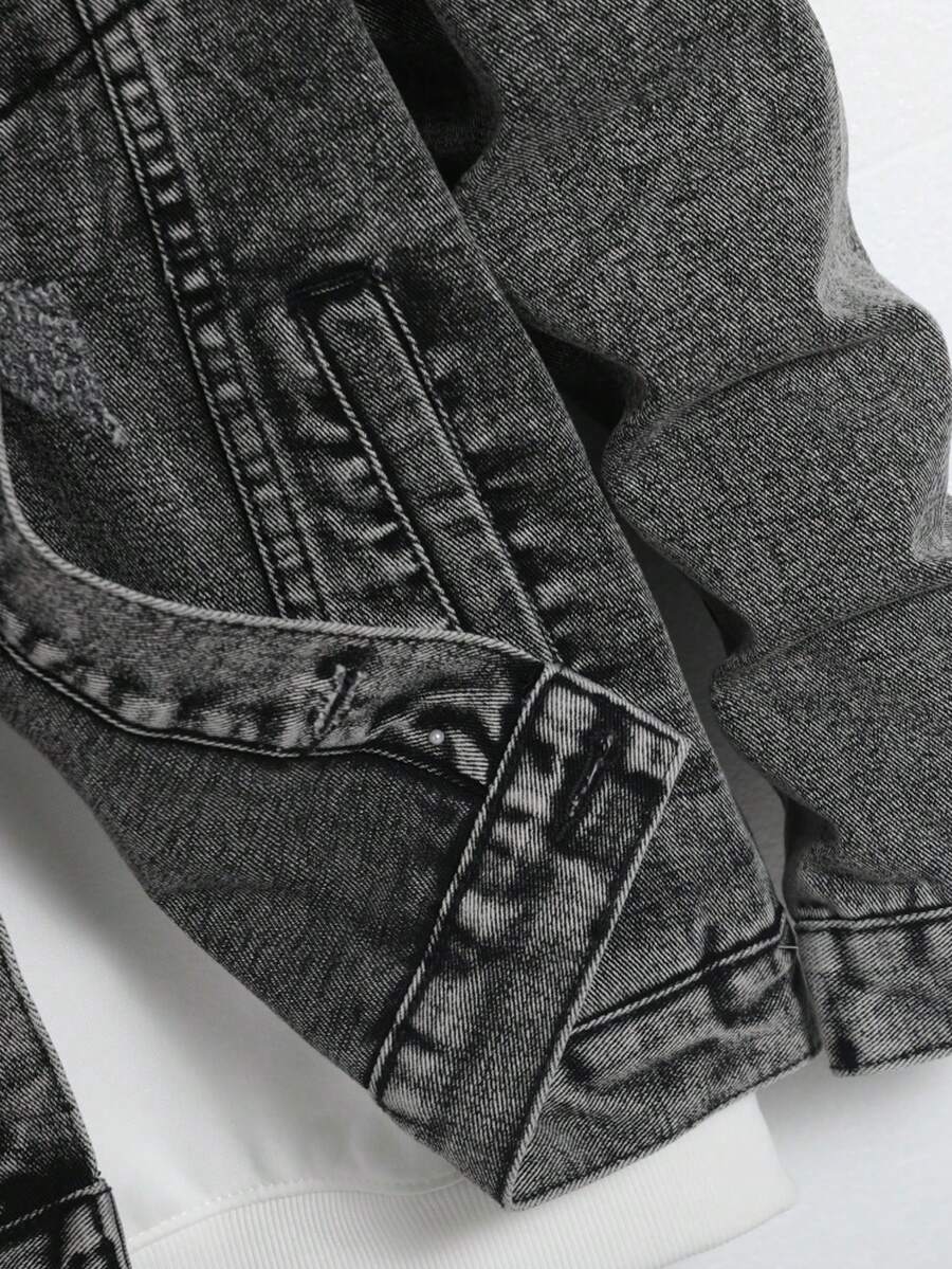 Manfinity Homme Men's Distressed Long Sleeve Denim Jacket, Dark Cotton Plain Black Party Grunge Rapper Going Out Vacation National Park Urban Gym, For Fall
