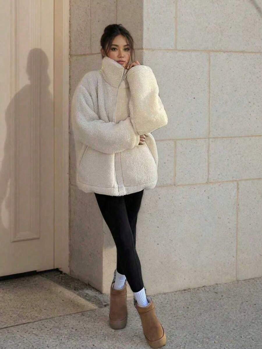1pc Fashionable Versatile Pocket Teddy Fleece Jacket, Everyday Wear, Winter