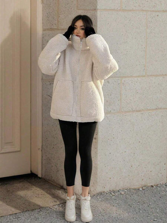 1pc Pocket Teddy Plush Jacket, Casual Winter