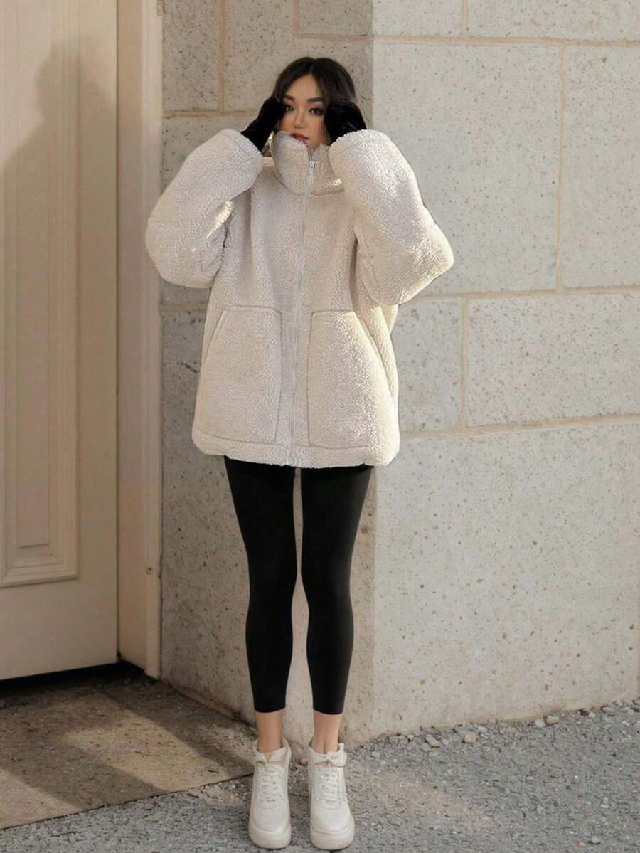1pc Fashionable Versatile Pocket Teddy Fleece Jacket, Everyday Wear, Winter