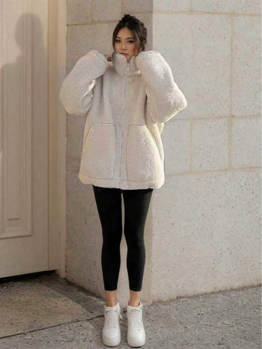 1pc Fashionable Versatile Pocket Teddy Fleece Jacket, Everyday Wear, Winter