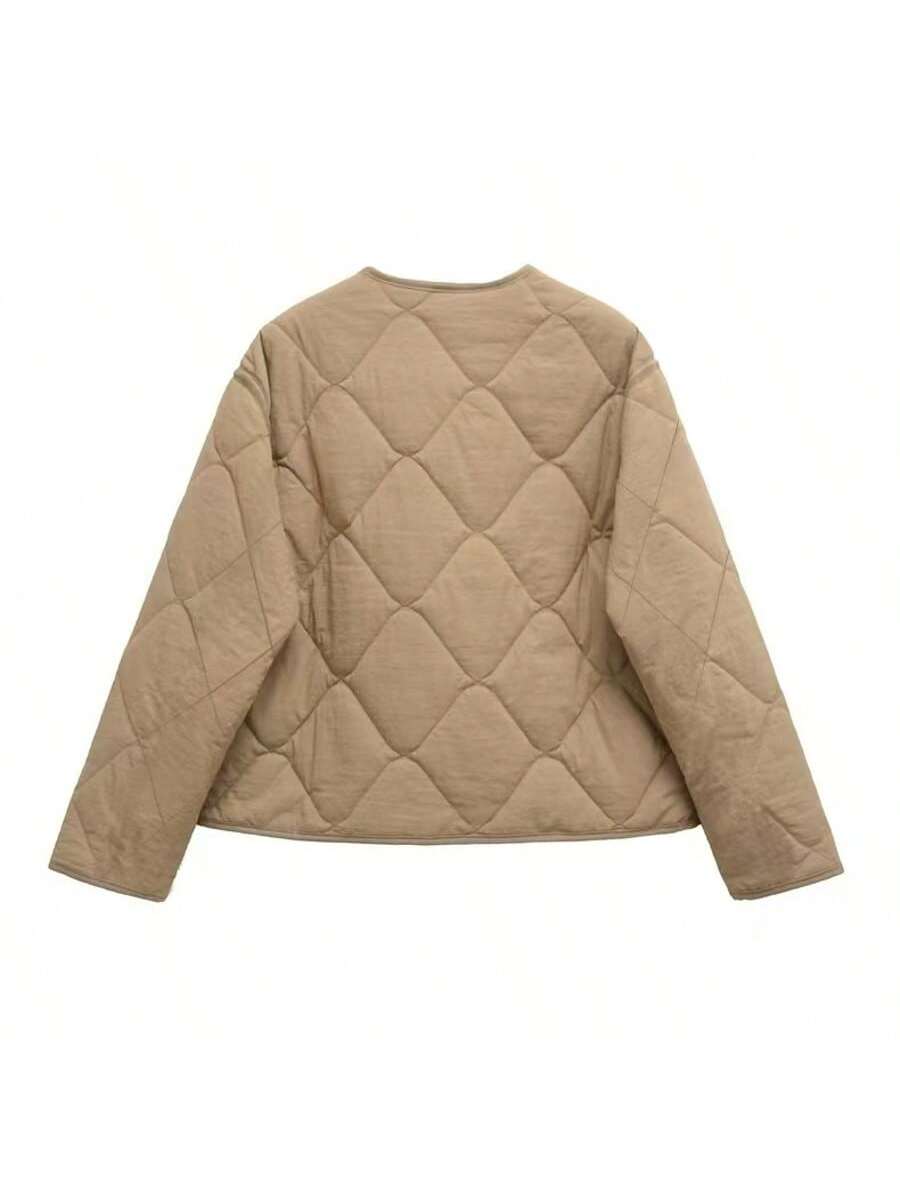 Women's Solid Color Button Front Pocket Jacket, Ladies Fashion Quilted Bomber, Round Neck, Button Detail, Long Sleeve With Pockets, Regular Length, Suitable For Autumn/Winter
