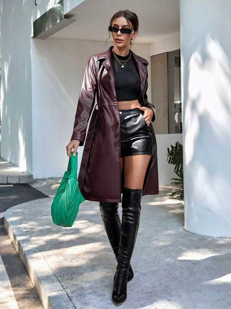 x Carly Lawrence Chiquease Solid Color Belted Trench Coat, Fashionable For Commuting In Autumn