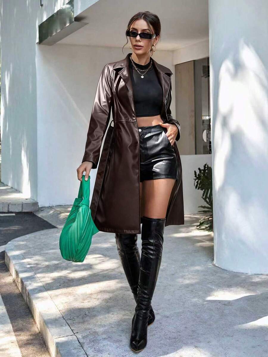 x Carly Lawrence Chiquease Solid Color Belted Trench Coat, Fashionable For Commuting In Autumn