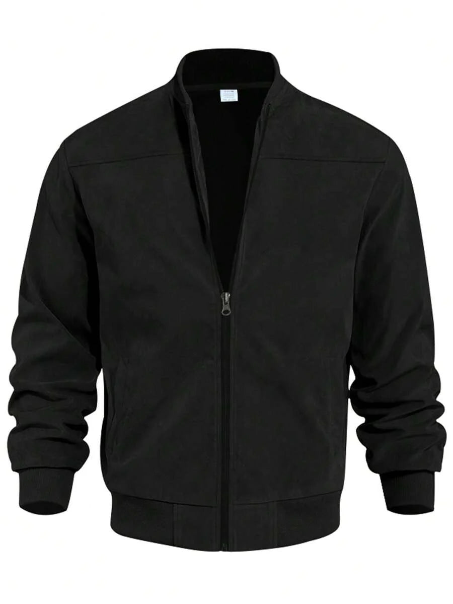 Men's Spring/Autumn Suede Fleece Lightweight Jacket, Comfortable Soft Casual Outerwear, Retro Stand Collar Zip-Up Baseball Jacket, Loose Minimalist Versatile Short Top [Runs Large, Suggest Ordering One Size Down]