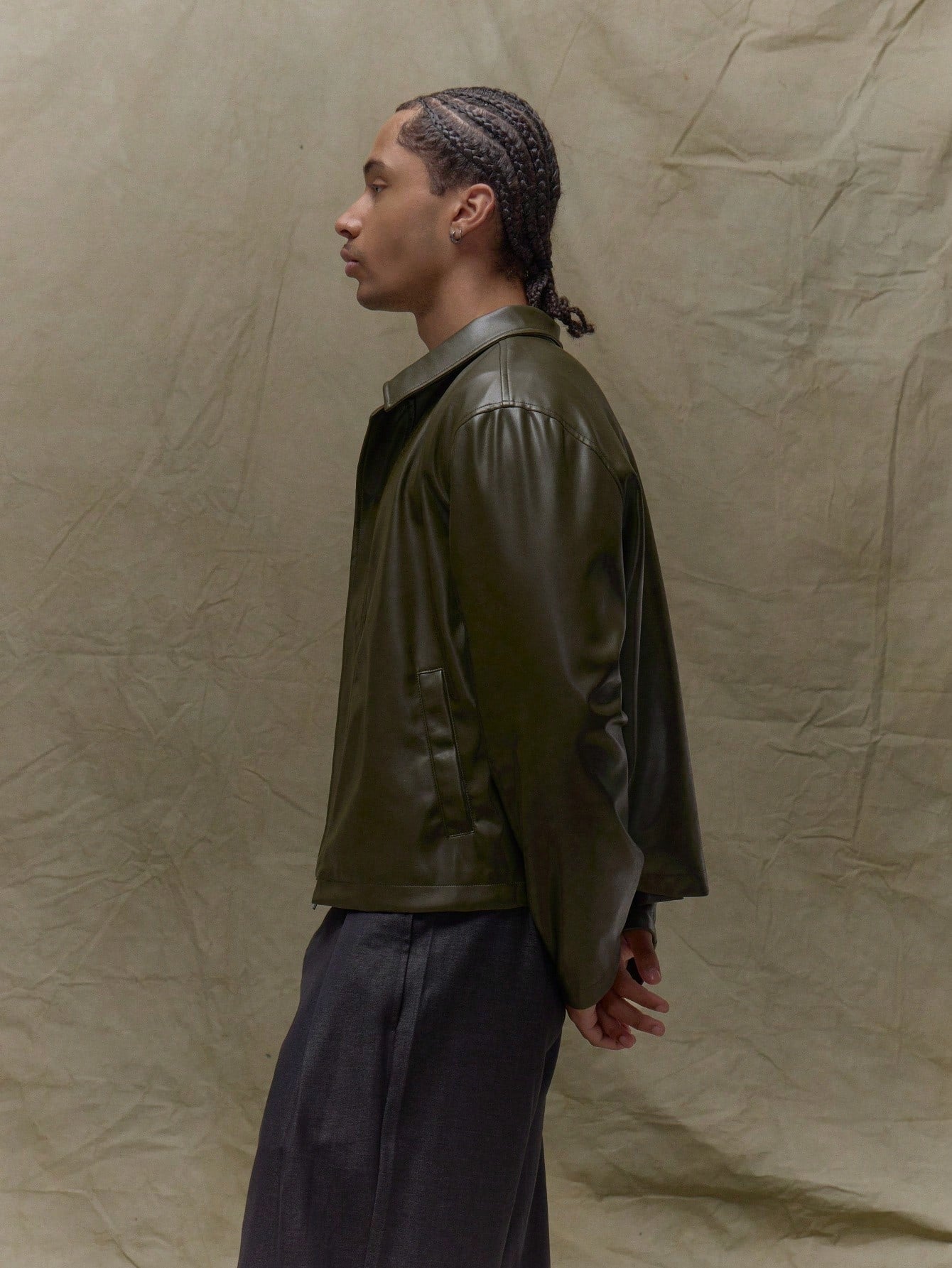 Musero Boxy Fit Leather Long Sleeve Cropped Hidden Placket Leather Jacket Fall Autumn Winter