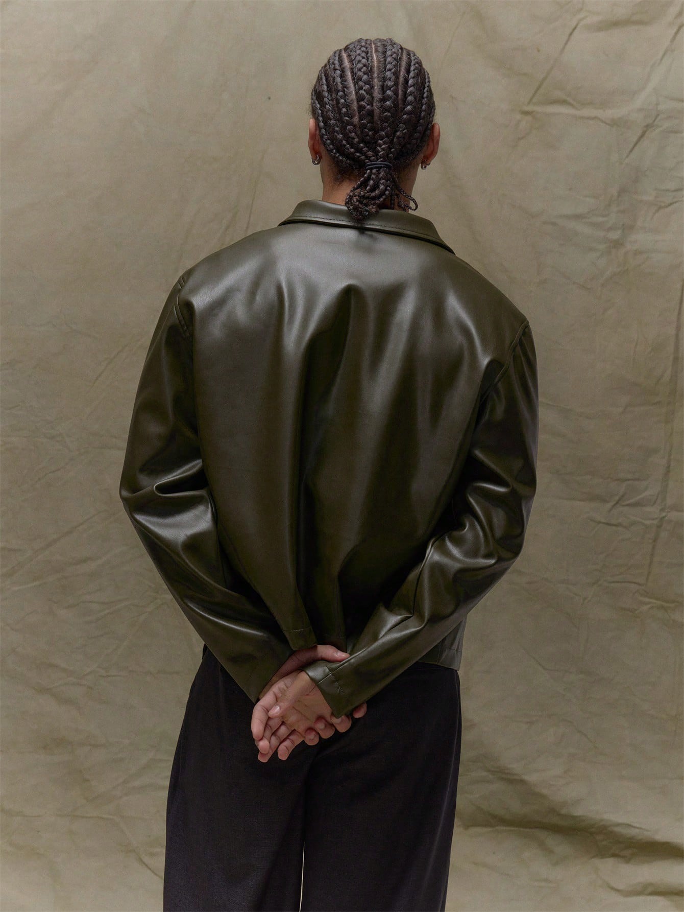 Musero Boxy Fit Leather Long Sleeve Cropped Hidden Placket Leather Jacket Fall Autumn Winter