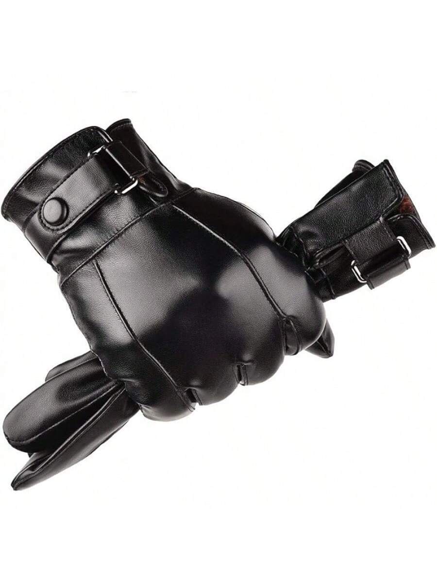 Men's Autumn and Winter Style Black Brown Smooth PU Leather Thickened Velvet Screen Gloves