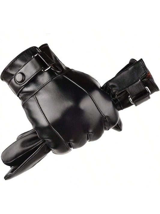 Men's Autumn and Winter Style Black Brown Smooth PU Leather Thickened Velvet Screen Gloves